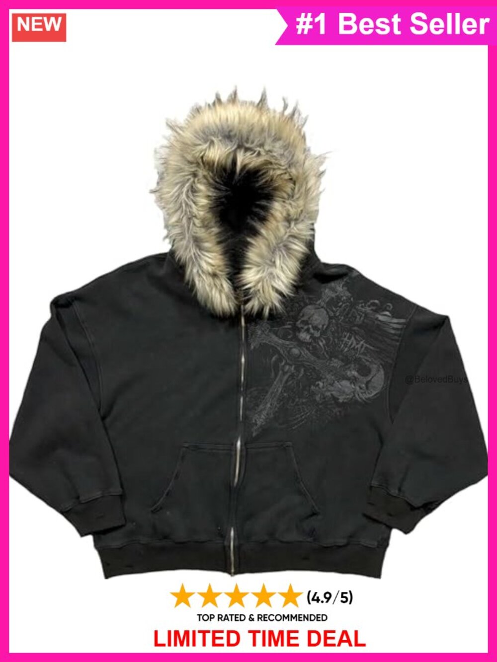 Faux Fur Hood Oversized Graphic Zip Up Hoodie Goth Grunge Y2K Streetwear